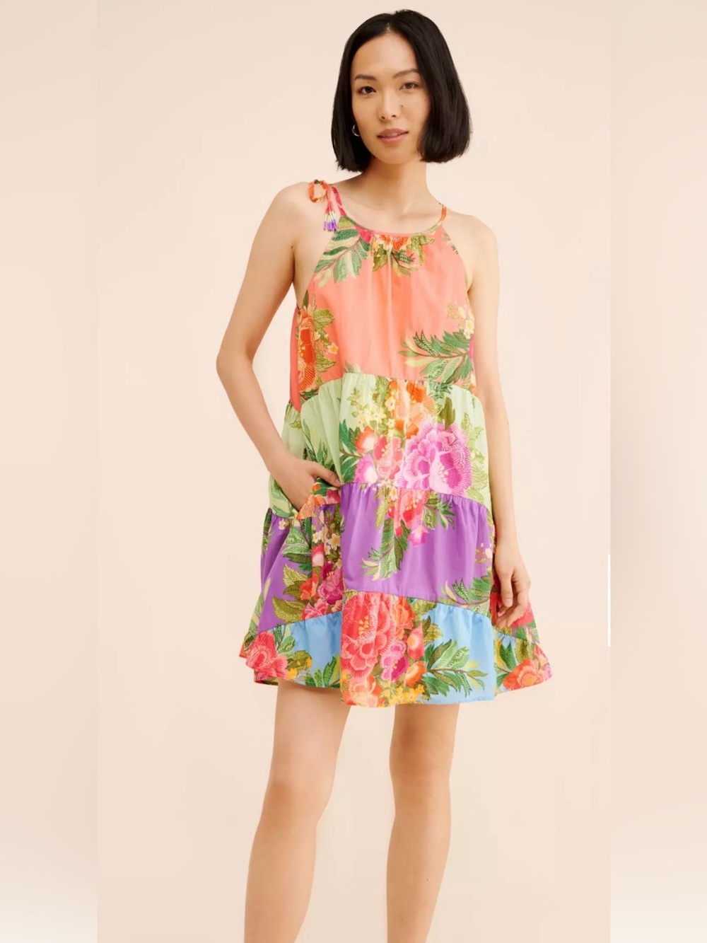 New Farm Rio x Anthropologie Halter Floral Tiered Mini Dress Size Large Cotton